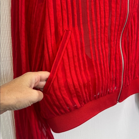 Zara - Red Striped Organza Long Sleeve  Lightweight Zipper Closure Jacket SZ XL - Picture 4 of 9